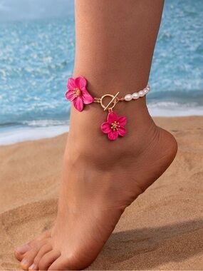 Anthropologie Pink Floral Pearl Anklet